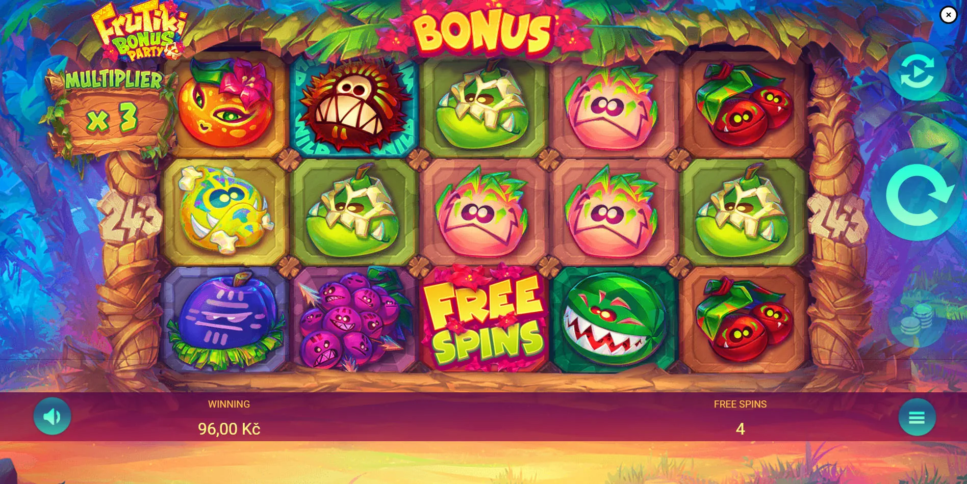 Free spins round in Frutiki Bonus Party slot featuring an active progressive win multiplier that increases with every successful cascade.
