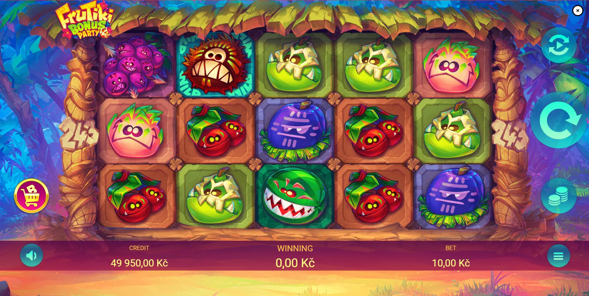 Full 5x3 grid of Frutiki Bonus Party slot showcasing vibrant fruit symbols and the 243 ways-to-win interface for player orientation.