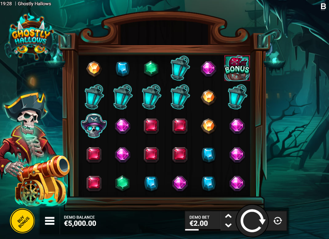 The 6x5 main game grid of the Ghostly Hallows slot, showing the skeletal pirate captain next to the multiplier cannon, illustrating the game's starting layout.
