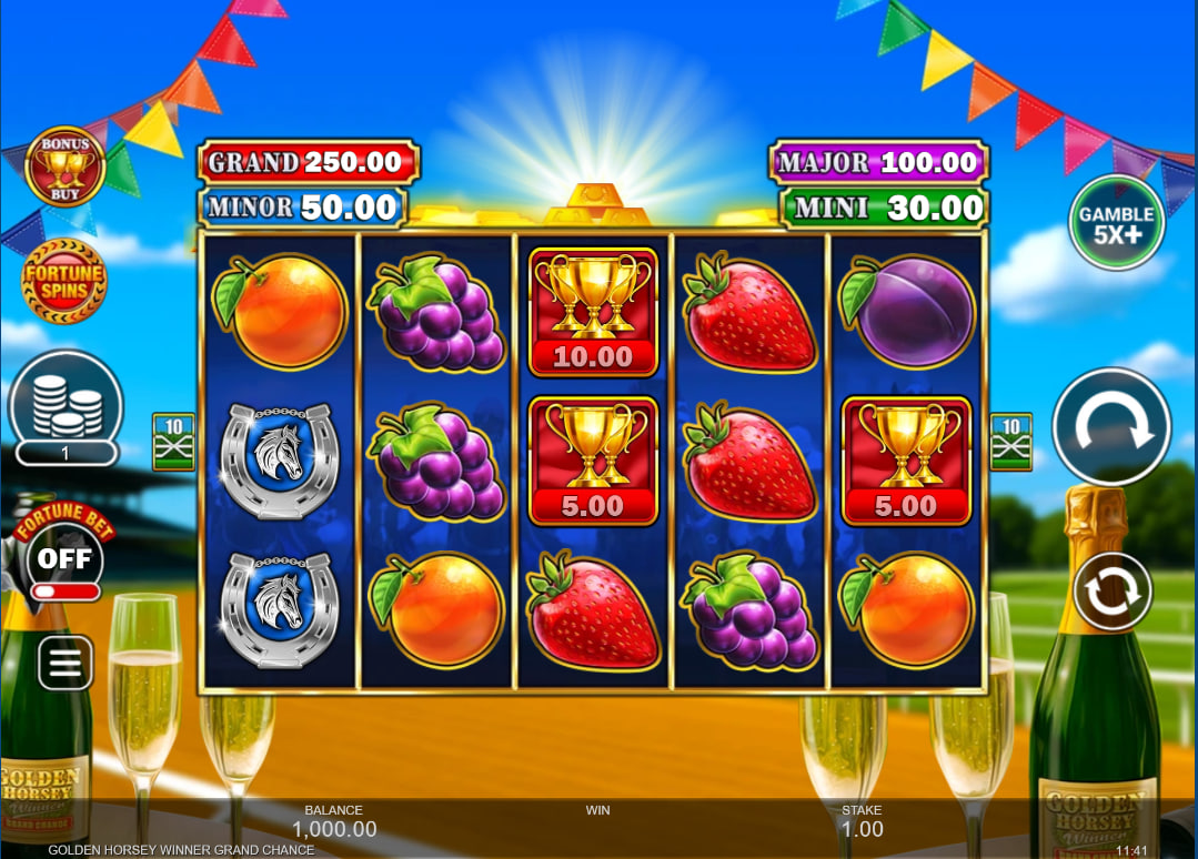 The main 5x3 reel layout of the Golden Horsey Winner Grand Chance slot, displaying its horse racing symbols and user interface for players.