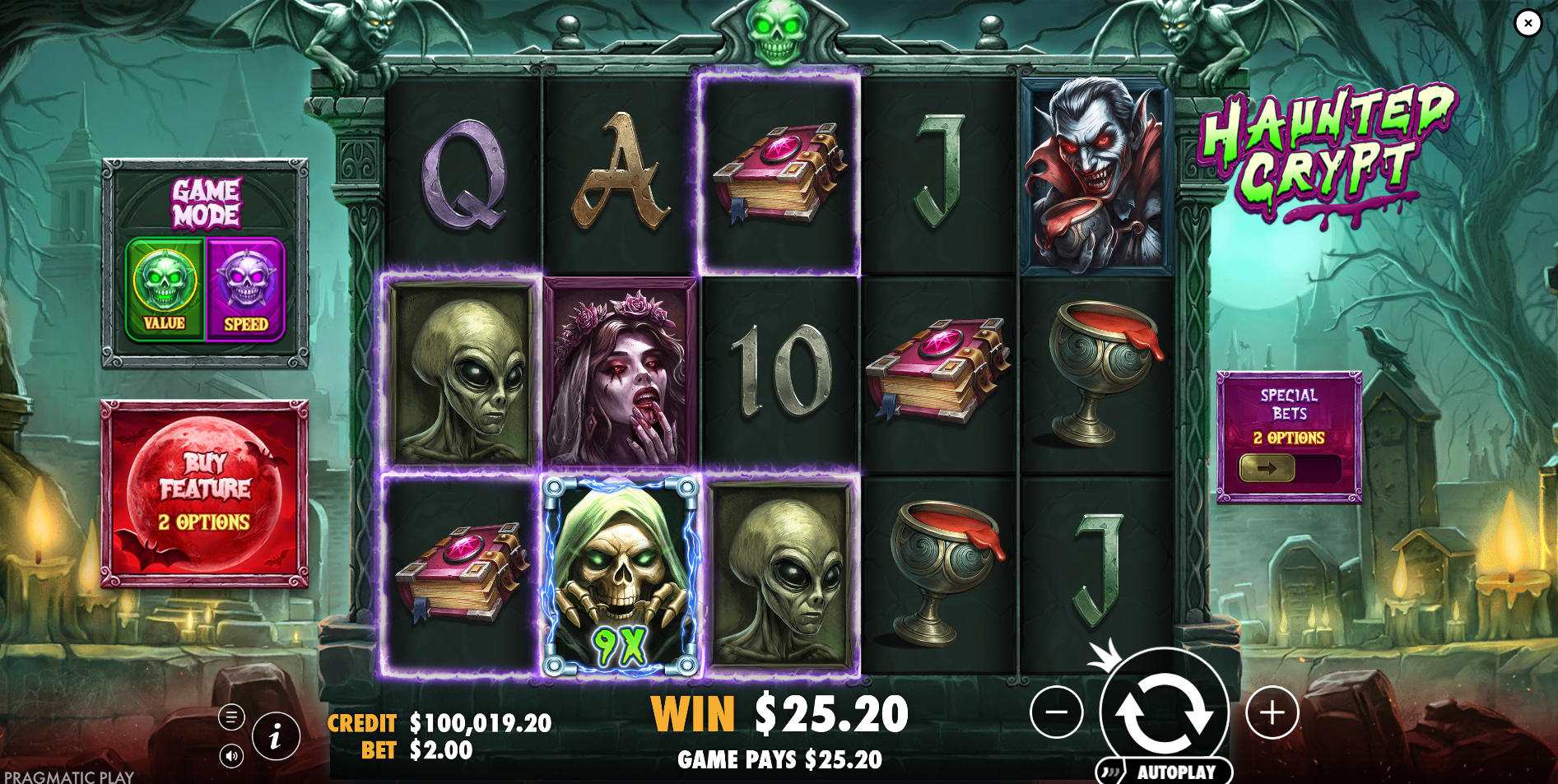 The base game grid of Haunted Crypt slot showing a Multiplier Wild on the third reel, highlighting a key feature for boosting regular wins.