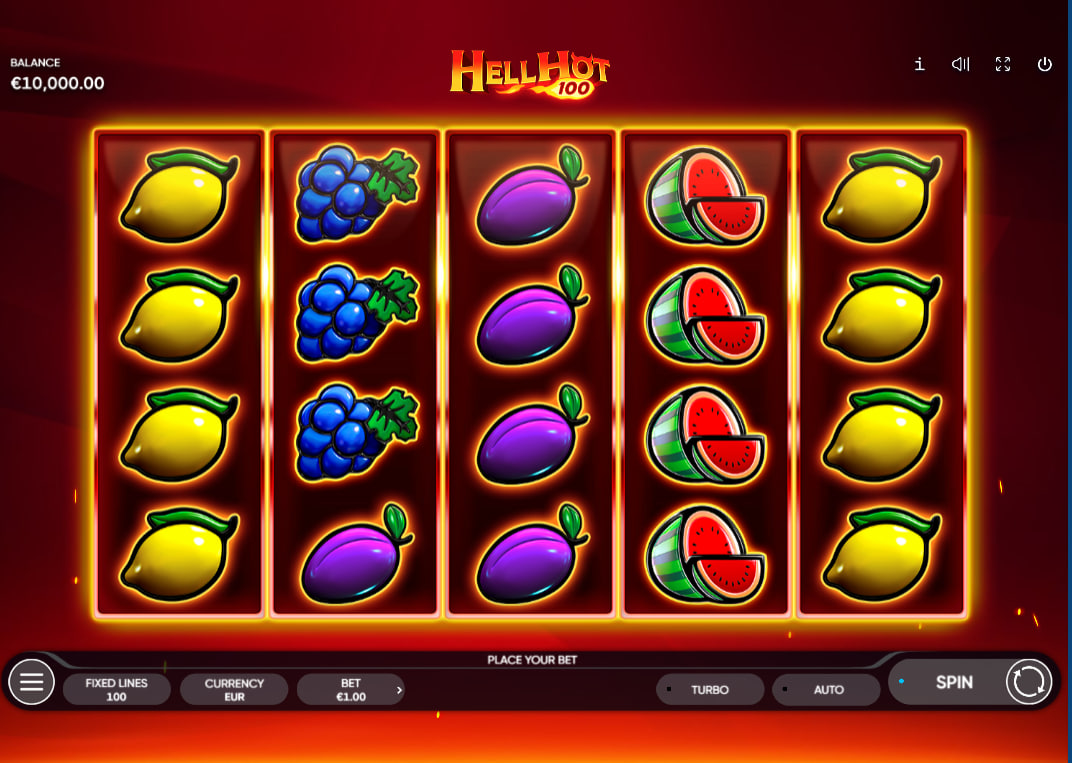 Full 5x4 grid of Hell Hot 100 slot featuring lemons and grapes symbols illustrating the high-line 100-payline structure for players.