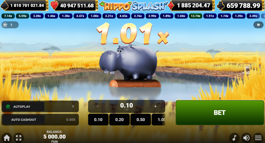 The main betting screen of the Hippo Splash crash game, showing the hippo character and the bet placement interface before a round starts.
