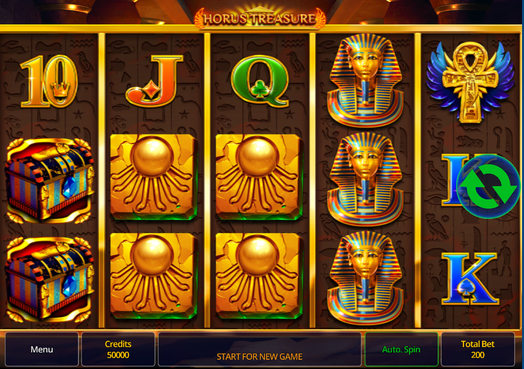 The main 5x3 game grid of Horus Treasure slot showing a winning combination of Pharaoh symbols, demonstrating the game's Ancient Egyptian art style.