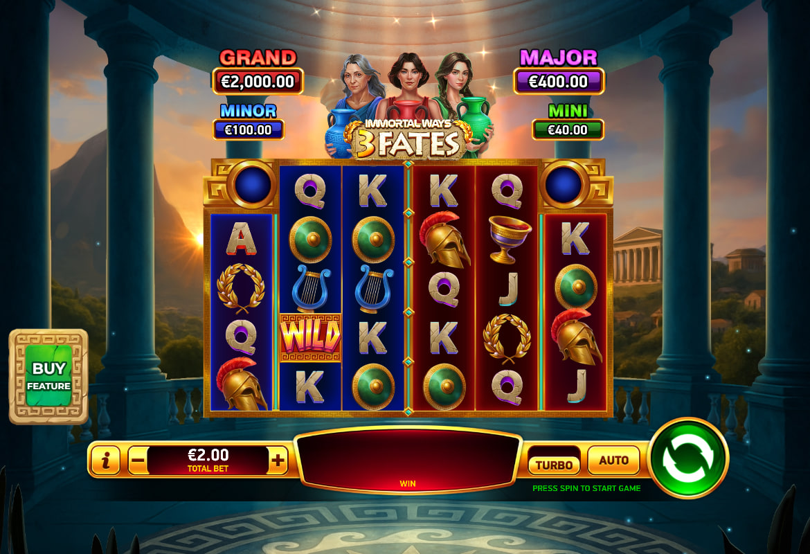 The main game grid of Immortal Ways 3 Fates slot showing the 6x4 reel layout, with Greek mythology symbols against a temple backdrop, illustrating the starting gameplay for the player.