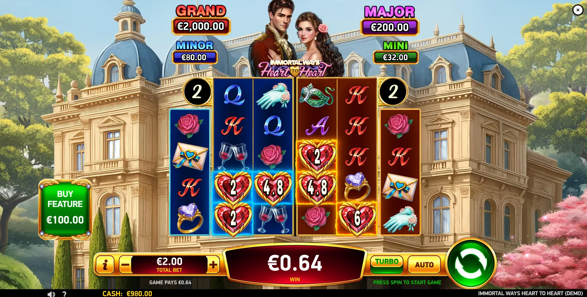 The main game grid of Immortal Ways Heart to Heart slot, showing the 6-reel layout and romantic theme, which sets the stage for the gameplay.