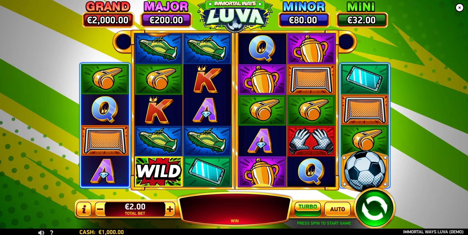 The 6-reel grid of the Immortal Ways Luva slot, showing the 4-5-5-5-5-4 layout and football symbols, which creates 10,000 ways to win.