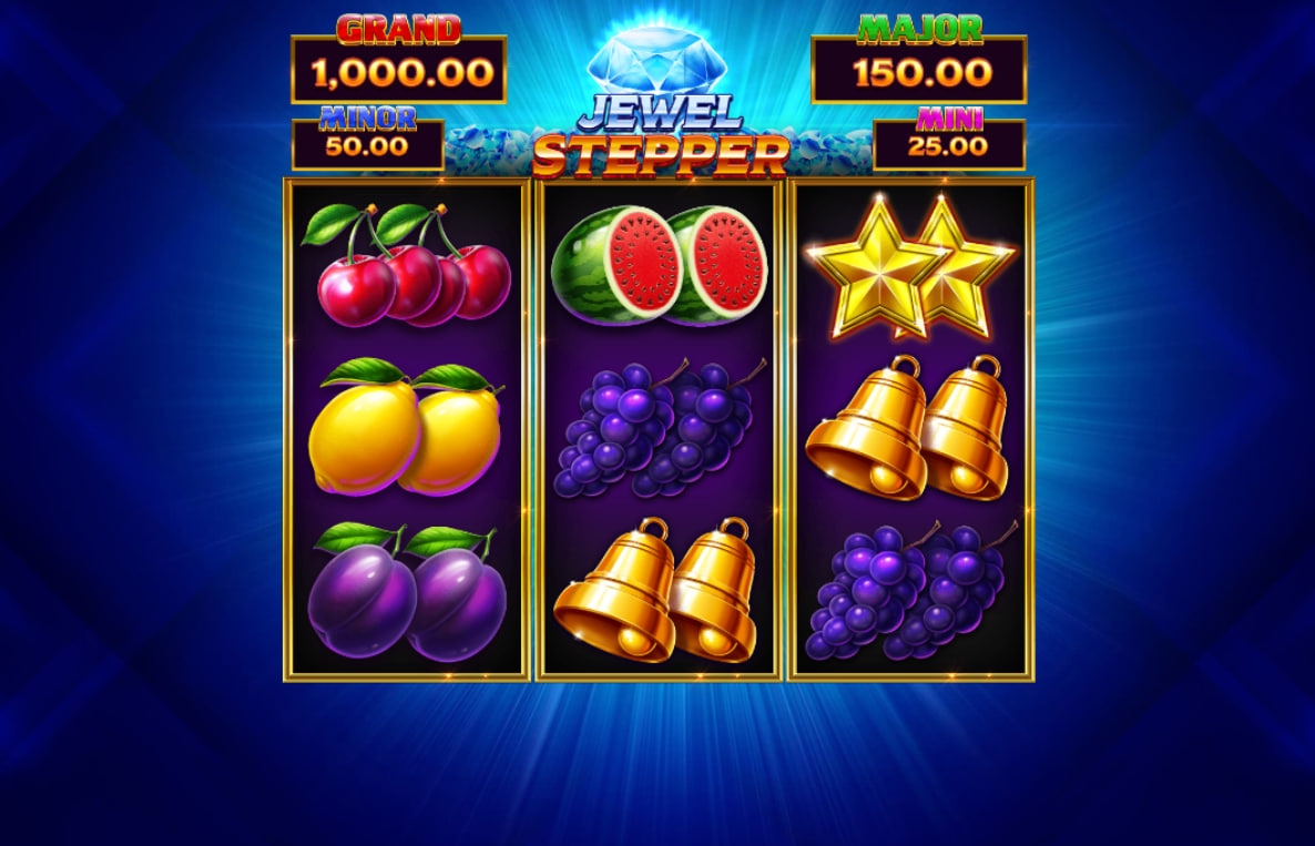 Jewel Stepper slot 3x3 grid with fruit symbols and four fixed jackpots displayed at the top for players to track potential big wins.