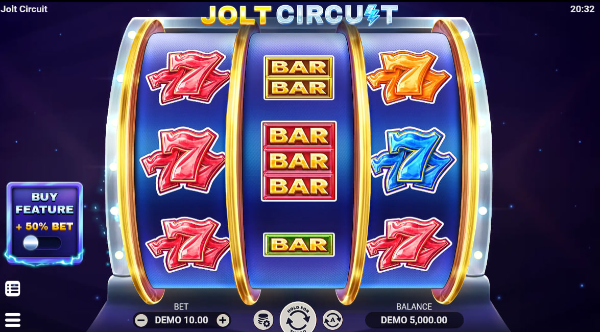 Jolt Circuit slot main 3x3 reel set displaying stacked red sevens and the central logo symbol which triggers the multi-payout mechanic.