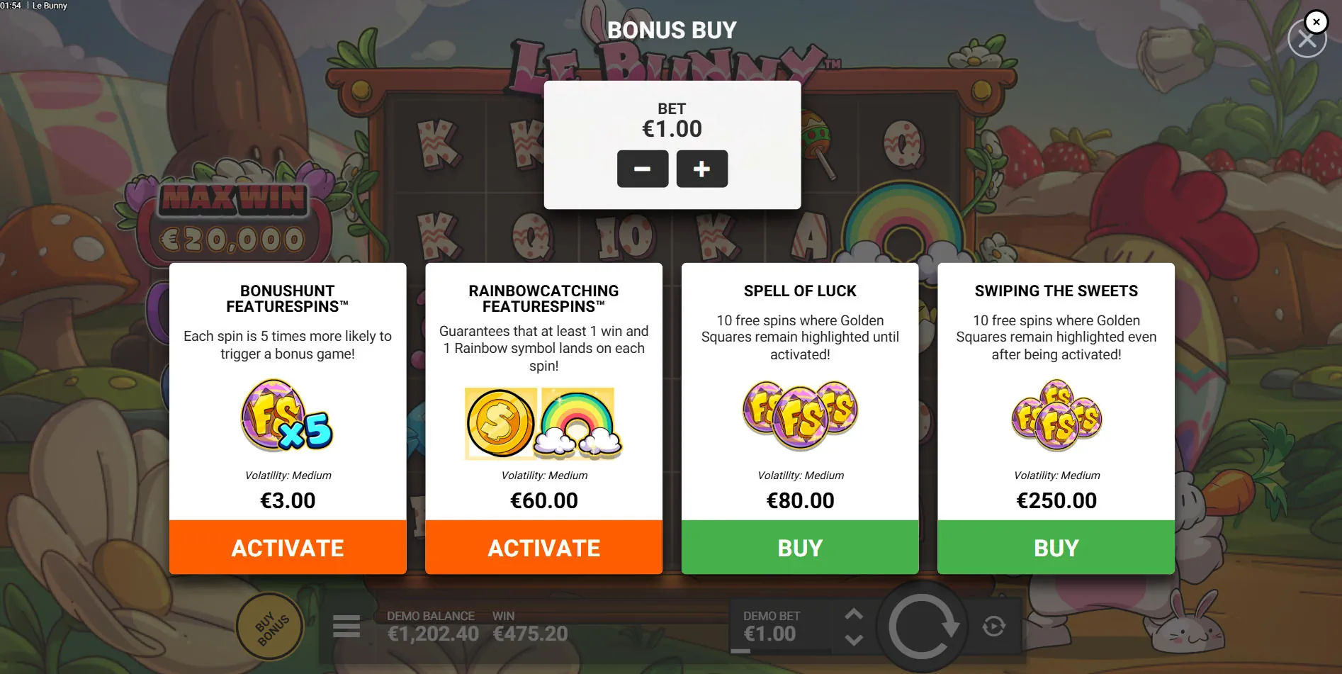 The Bonus Buy menu in the Le Bunny slot, presenting four options to purchase direct entry into various game features.