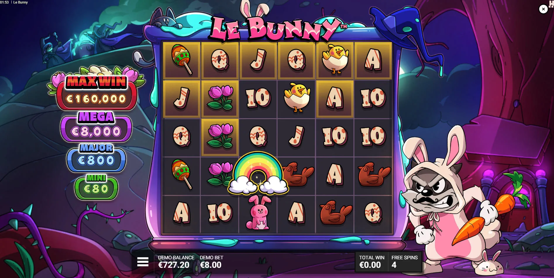 The Spell of Luck free spins bonus round in Le Bunny, displaying progressive Golden Squares that remain on the grid between spins.