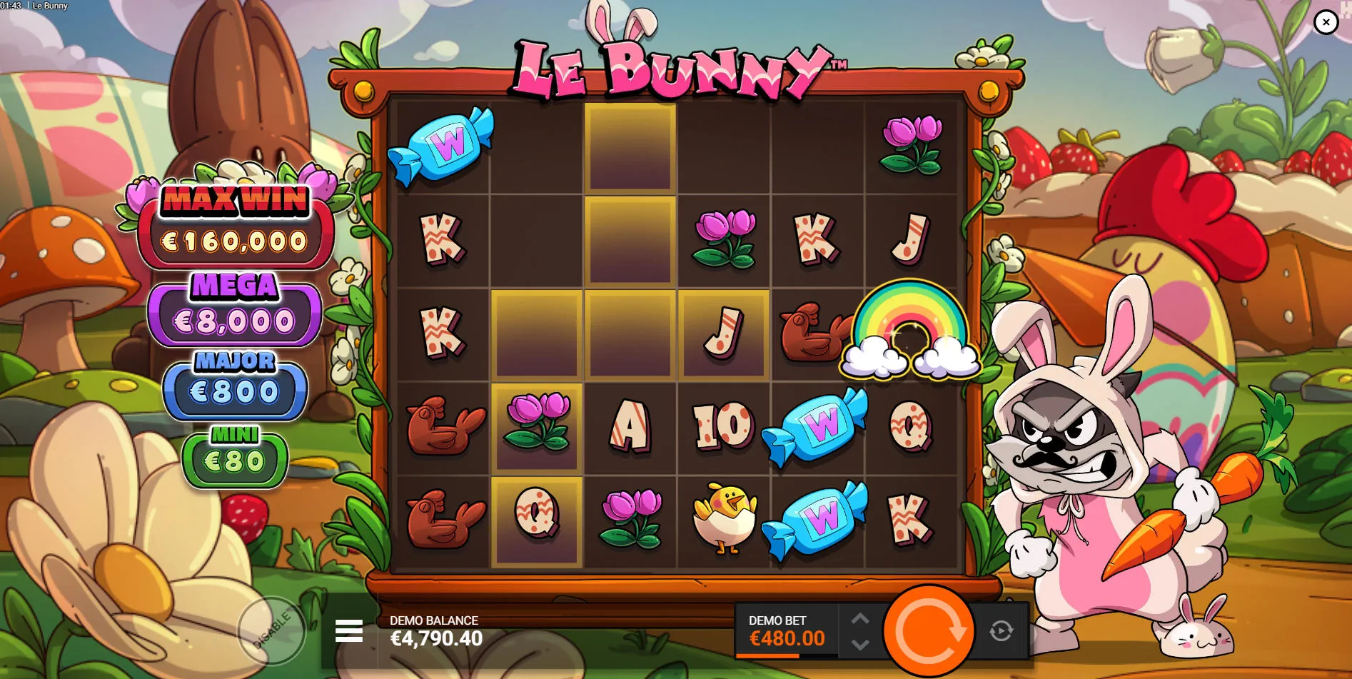 Activation of the Golden Squares feature in Le Bunny, with a Rainbow symbol triggering highlighted squares to reveal prizes.