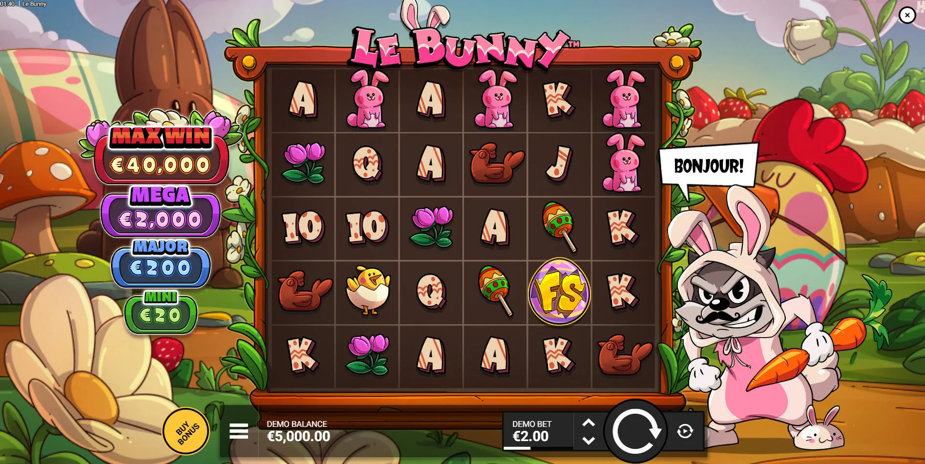 The main 6x5 game grid of the Le Bunny slot, showing the Smokey the raccoon character next to colorful Easter-themed symbols.