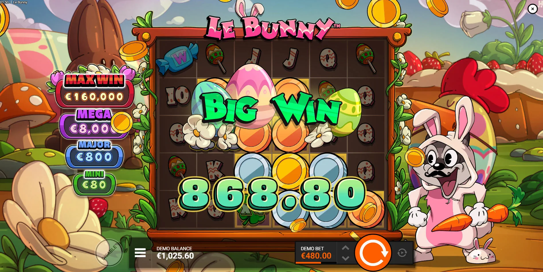 A big win screen on the Le Bunny slot, showcasing a large payout resulting from the Golden Squares and coin collection feature.