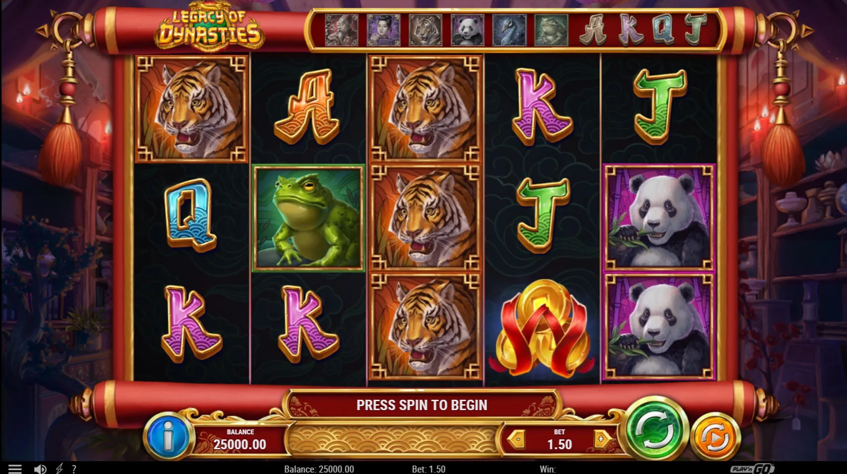 The base game grid of the Legacy of Dynasties slot, showing the 5x3 reel layout and high-value Sage symbols inside the antique shop setting.