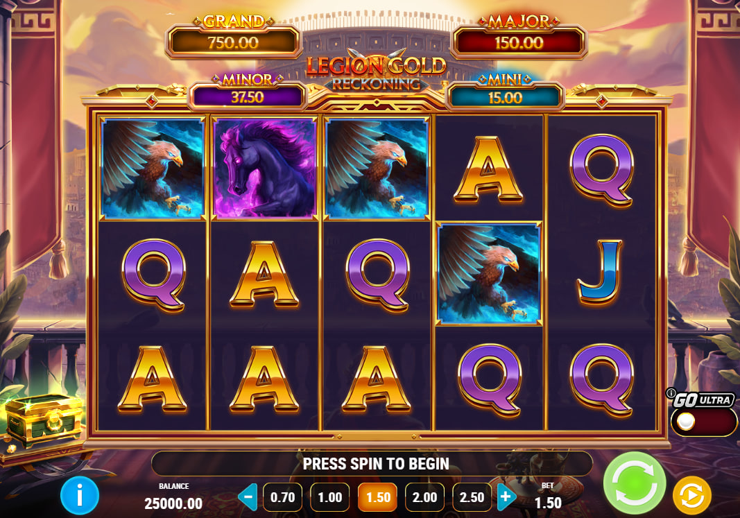 The main 5x3 game grid of Legion Gold Reckoning slot, showing Roman-themed symbols and the player interface, illustrating the base gameplay loop.