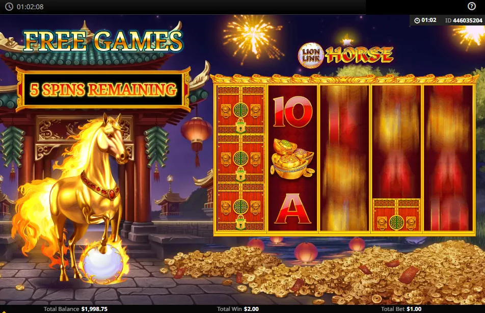 The Free Games bonus in Lion Link Horse showcasing the Walking Mystery Symbols mechanic, where locked symbols move left with each spin.
