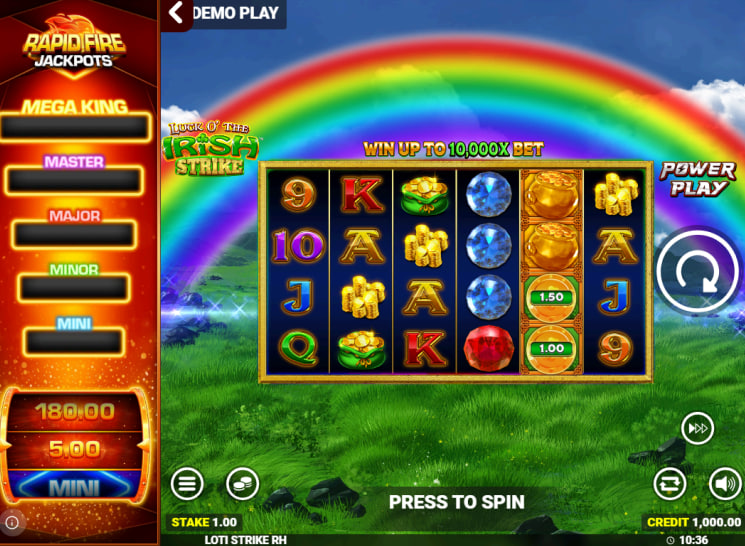 Luck O’ The Irish Strike Rapid Fire Jackpots main 6x4 game grid with rainbow background showing active ways to win.