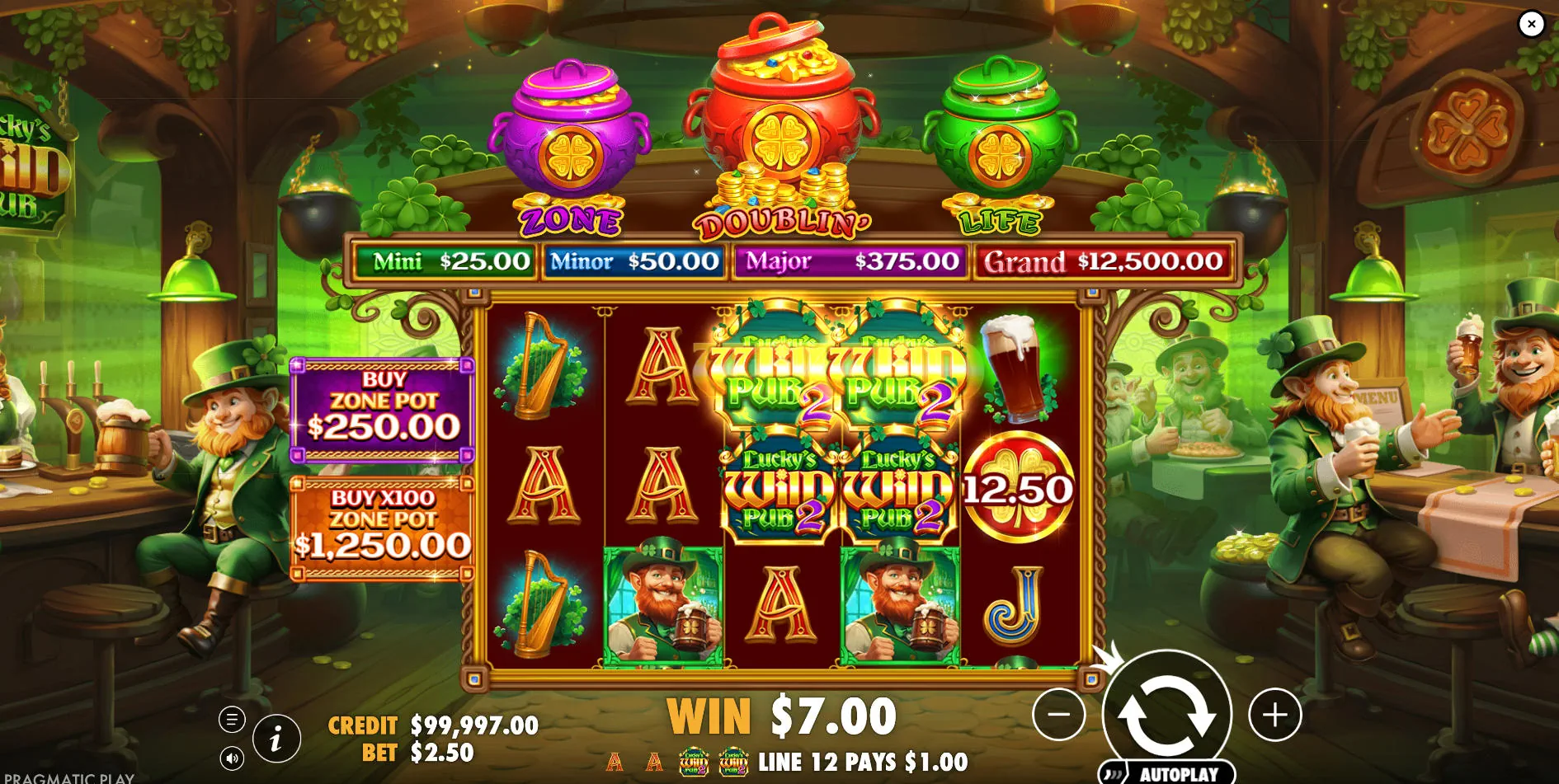 The base game screen of Lucky's Wild Pub 2 slot showing the 5x3 reel layout and Irish-themed symbols, illustrating the starting point of gameplay.