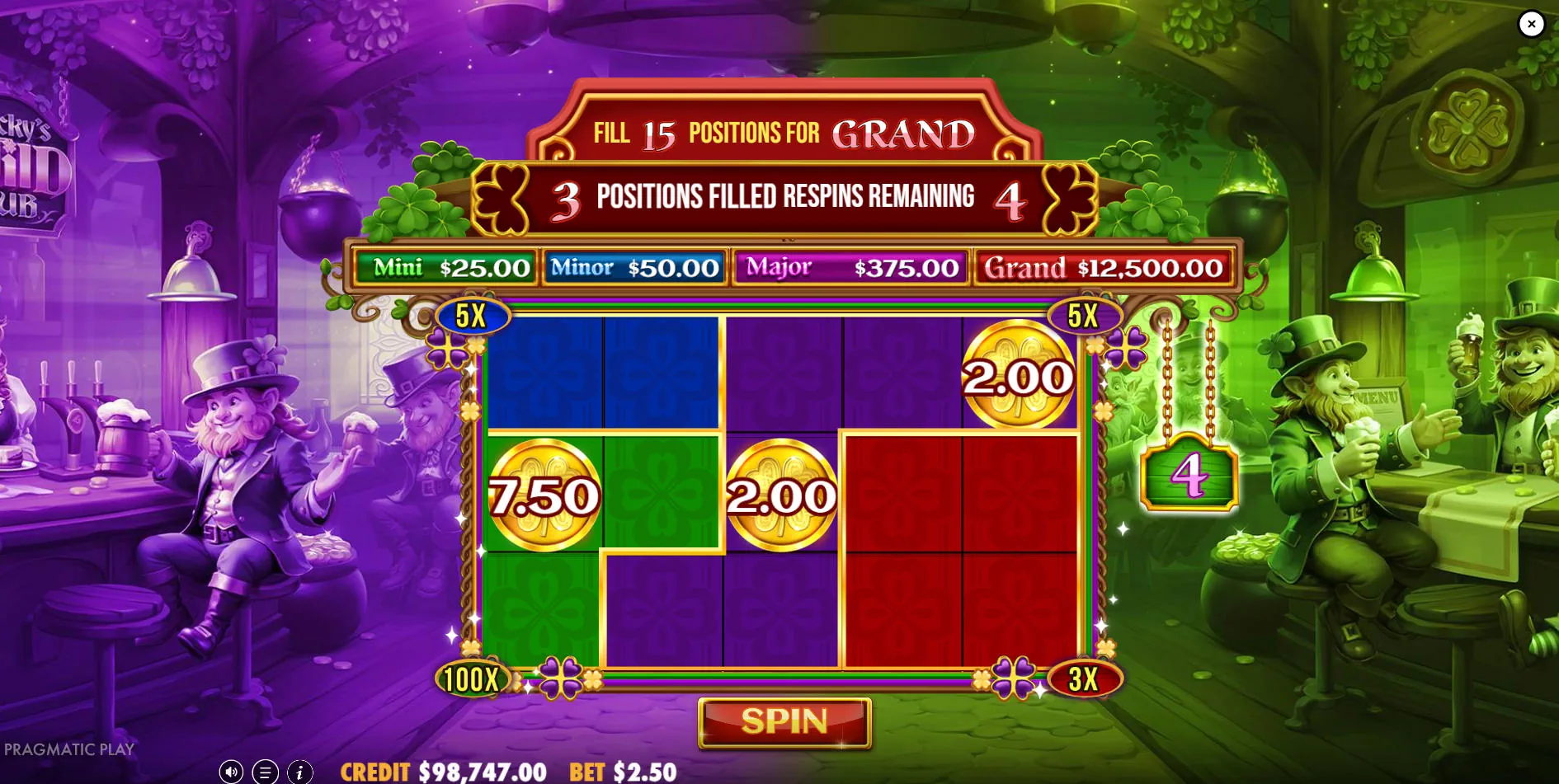 The start of the Pot Respin feature in Lucky's Wild Pub 2 with the Multiplier Zone modifier active, showcasing the four colored zones and their assigned multipliers.