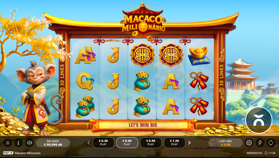 The main game screen of Macaco Milionario slot, showing the 5x3 reel layout and monkey mascot, illustrating the starting point for players.