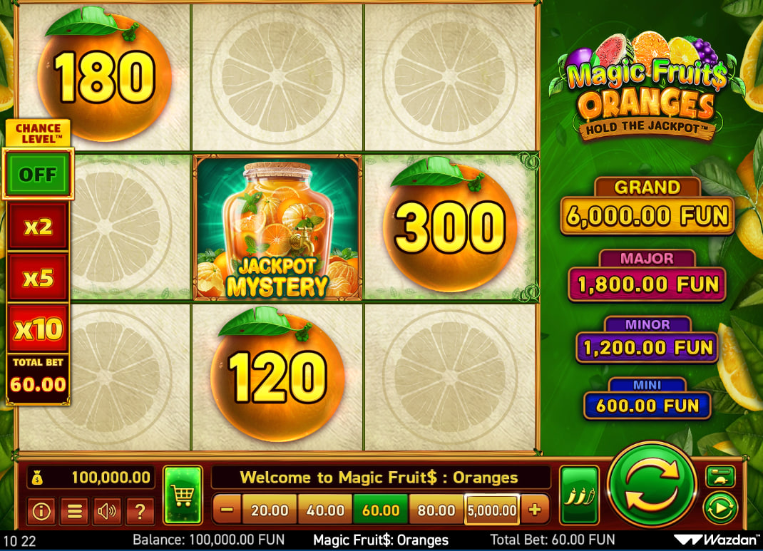Magic Fruits Oranges slot base game displaying three orange symbols with cash values on 9 independent reels for a clear view of potential payouts.