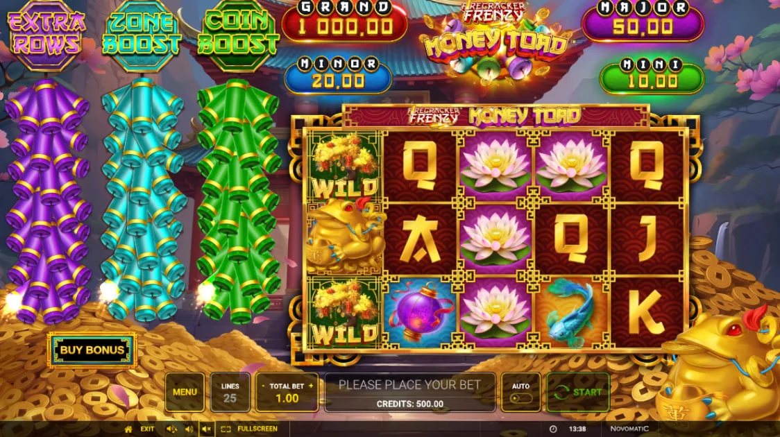 Firecracker Frenzy Money Toad slot main grid showing golden toad symbols and firecracker trails to highlight the progression mechanics.