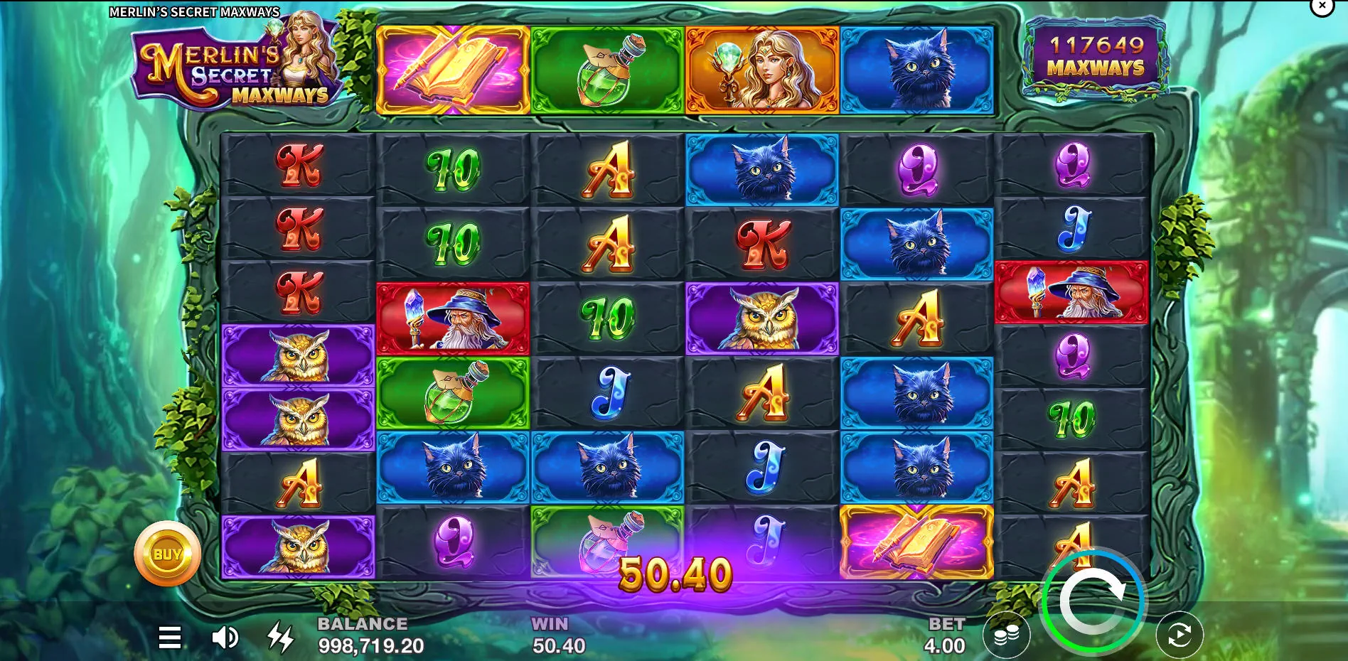 The Merlin's Secret Maxways slot grid fully expanded to 117,649 ways, demonstrating the game's maximum win potential for players.