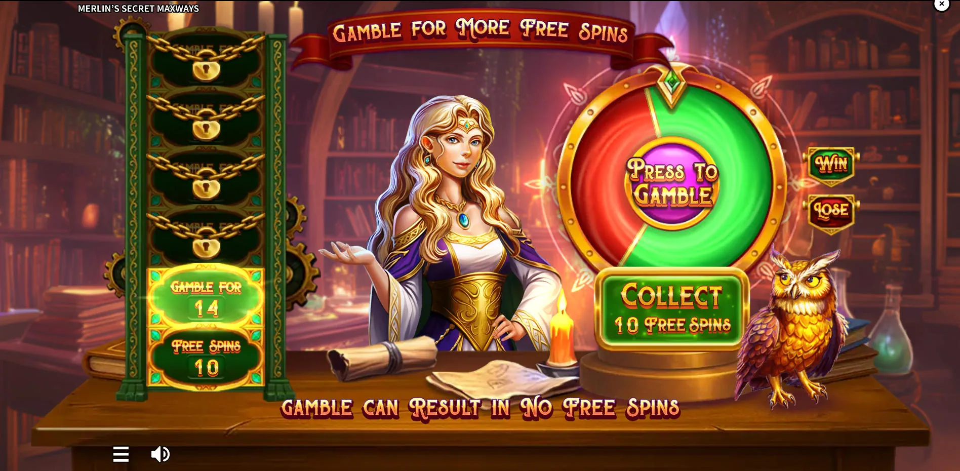 The high-stakes gamble wheel in Merlin's Secret Maxways, offering players the choice to risk their bonus for more free spins.
