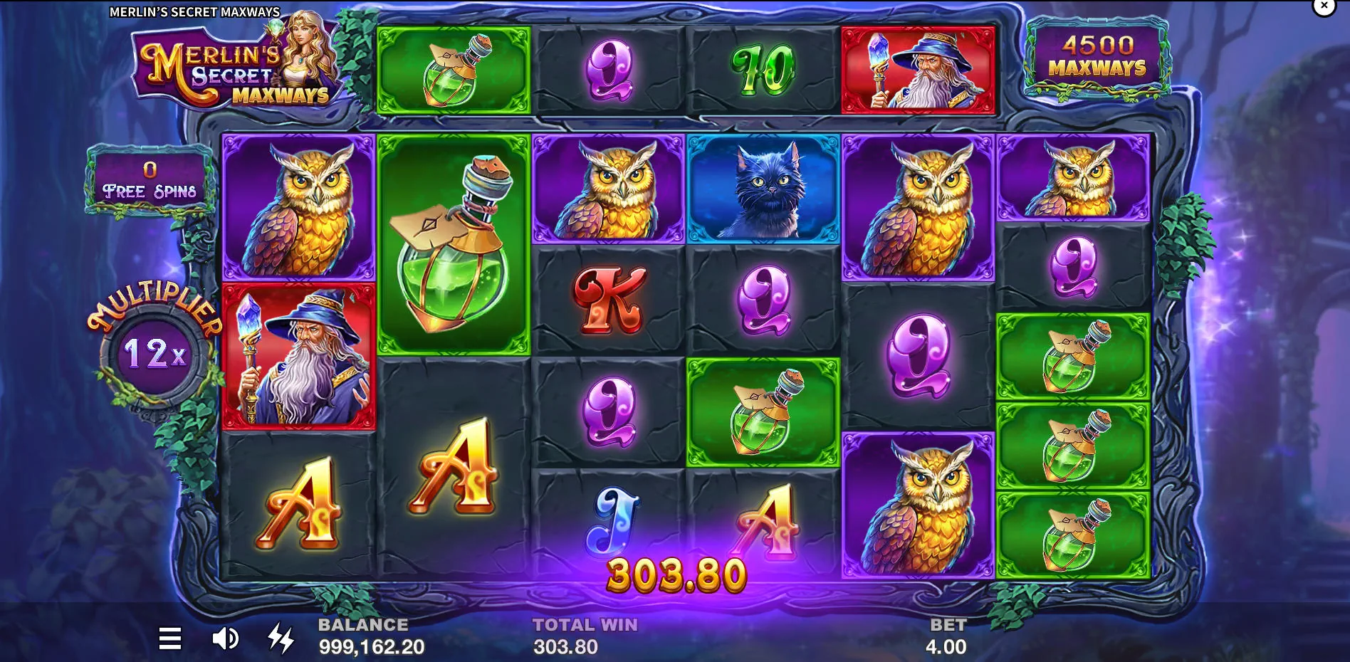 A massive 10x progressive multiplier is active during the Free Spins bonus in Merlin's Secret Maxways, amplifying a standard win significantly.