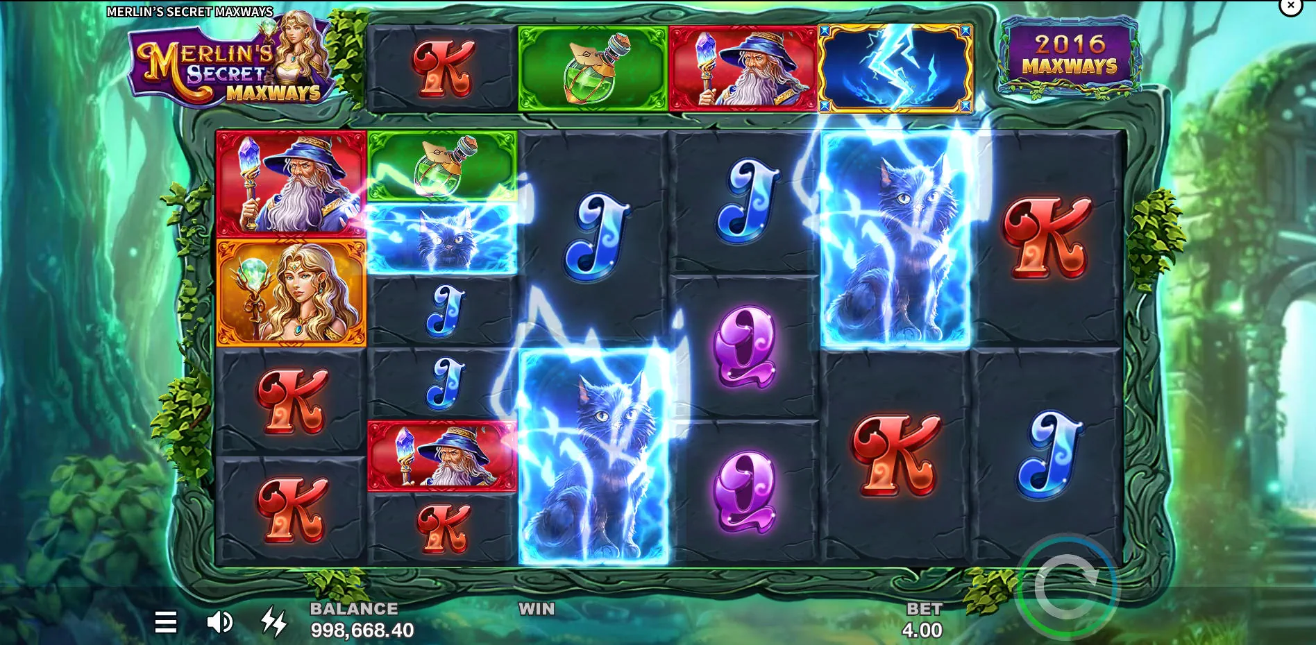 The rare Lightning Feature triggers on the top reel of Merlin's Secret Maxways, turning multiple symbols into wilds to create a big win.