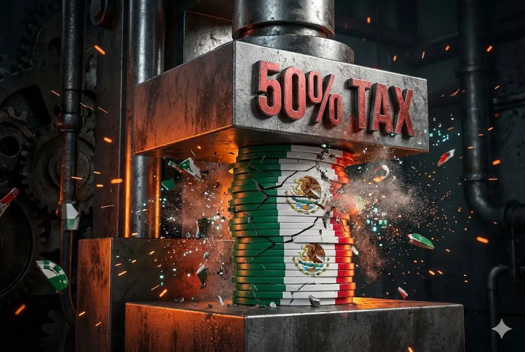 Casino poker chips with Mexican flag colors being crushed by a heavy industrial press labeled 50% TAX, illustrating the impact of the 2026 IEPS tax hike on operators.