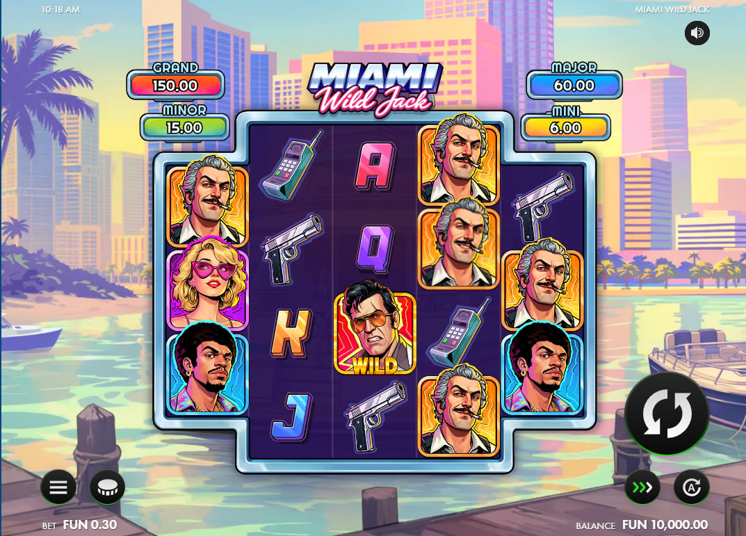 The main 5-reel grid of Miami Wild Jack slot featuring character symbols and gadgets against a neon city background which helps players understand the unique layout.