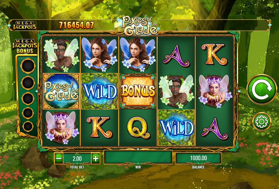 The base game screen of MegaJackpots Pixies of the Glade showing the 5x3 reel layout, high-value pixie symbols, and the prominent progressive jackpot meter.