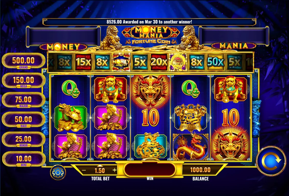 Main gameplay screen of Money Mania Fortune Coin slot showing the 5x3 grid and jackpot meters which track the current progressive prize values.