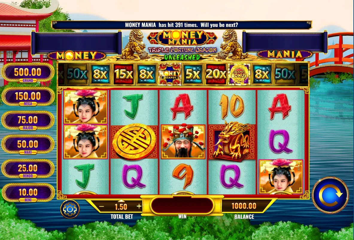 Main gameplay interface of Money Mania Triple Fortune Dragon Unleashed showing 5x3 reels and progressive jackpot meters to understand the UI layout.
