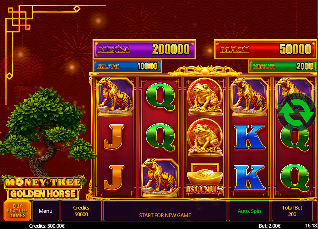 The 5x3 reel layout of Money Tree Golden Horse slot during base gameplay, showing the Asian-themed symbols and the jackpot tickers above.