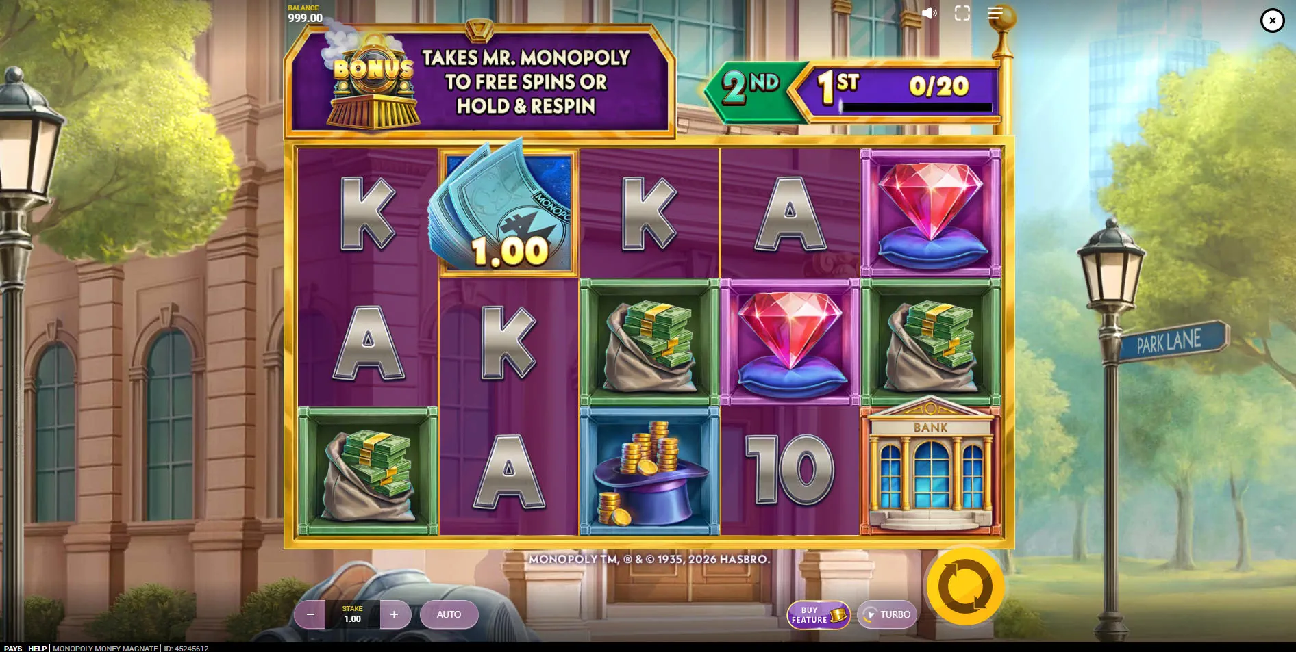 The 5x3 reel layout of the Monopoly Money Magnate slot during base gameplay, showing the London Park Lane setting and the player's progress bar.