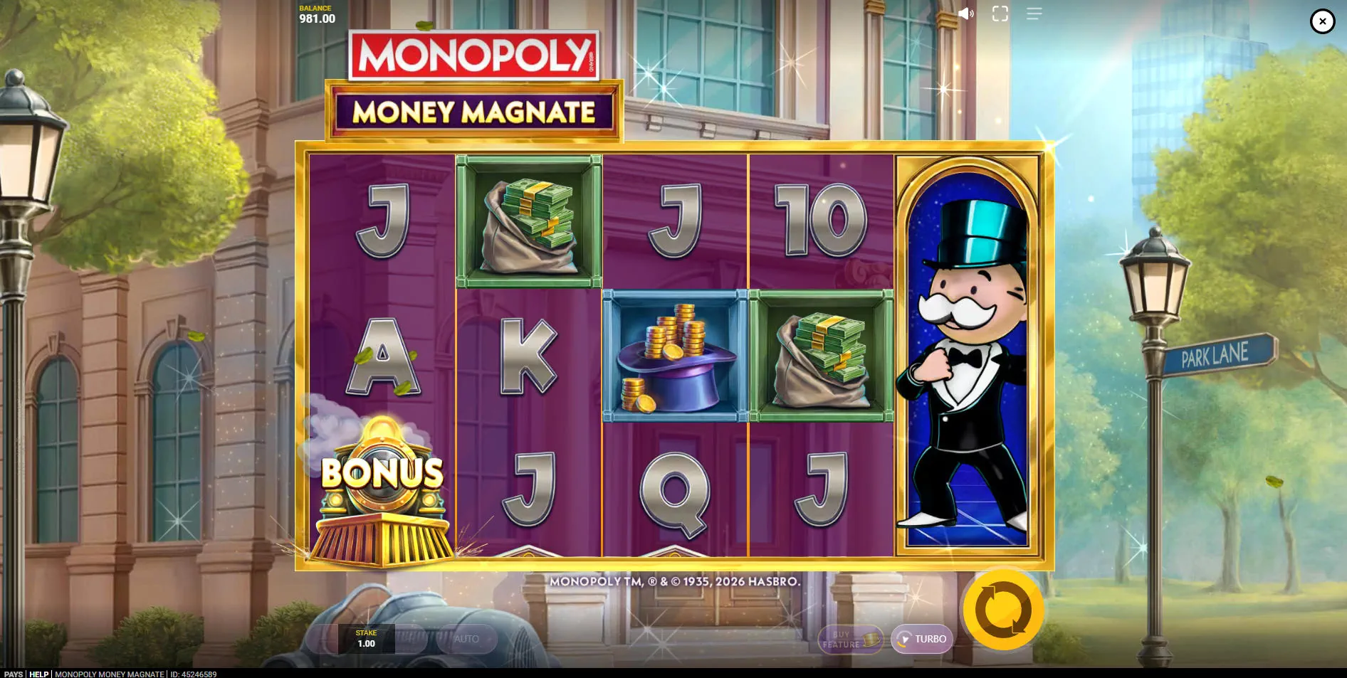 The Railroad Bonus being triggered in Monopoly Money Magnate by landing the Bonus and Mr. Monopoly symbols, leading to a choice of features.