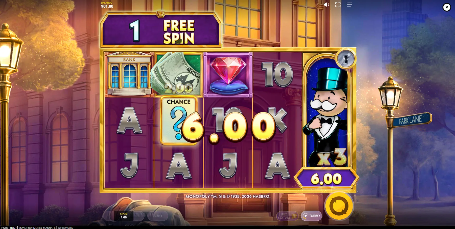The Free Spins round of Monopoly Money Magnate with a locked Mr. Monopoly collector symbol on the fifth reel, increasing the win potential.