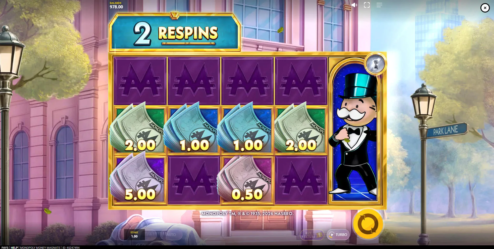 The Hold & Respin bonus feature grid in Monopoly Money Magnate, with sticky cash symbols locked in place and the respin counter reset.