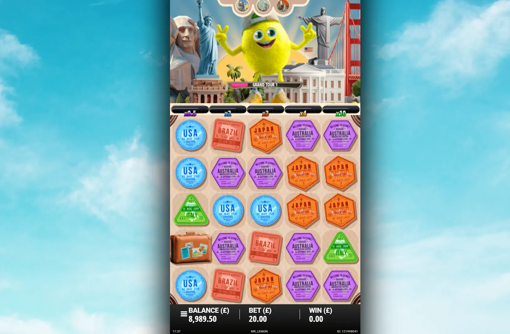 The main 5x5 game grid of Mr. Lemon's Grand Tour, showcasing the various country stamp symbols and demonstrating the game's core layout.