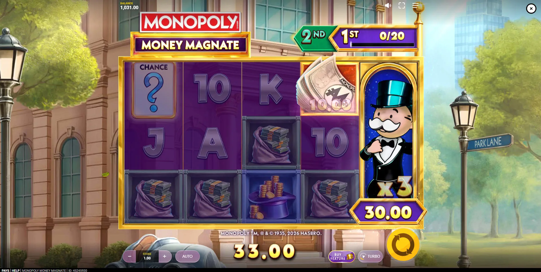 Mr. Monopoly symbol on reel 5 collecting instant cash prizes from banknote symbols in the Monopoly Money Magnate slot, demonstrating the cash collection feature.