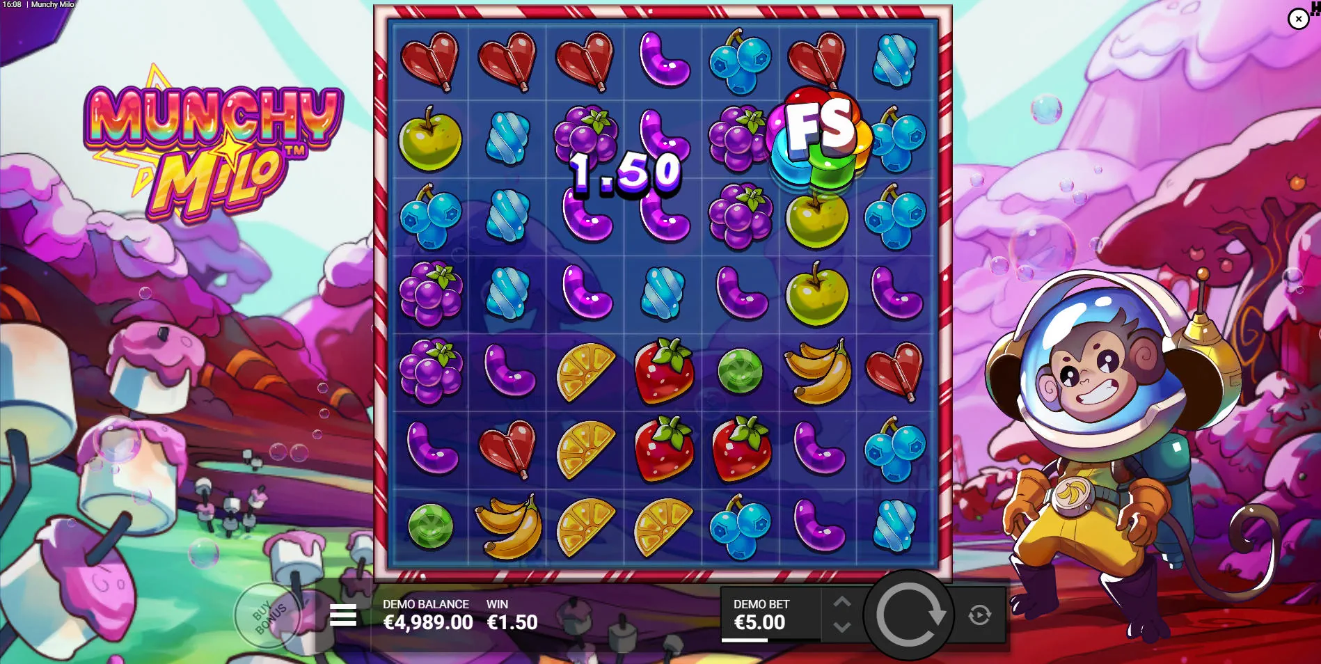 7x7 grid in Munchy Milo slot showing a winning cluster of berry symbols without cascading reels