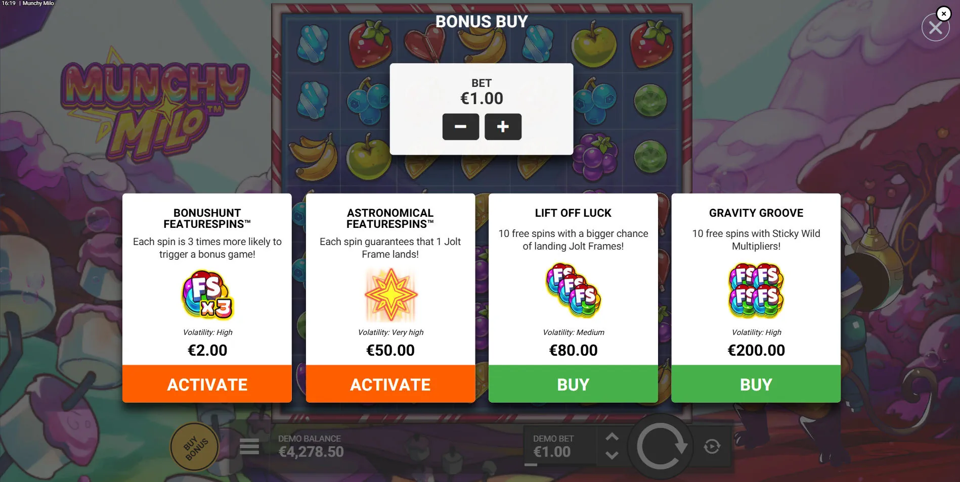 Bonus buy menu in Munchy Milo showing four options including Gravity Groove for 200x the bet