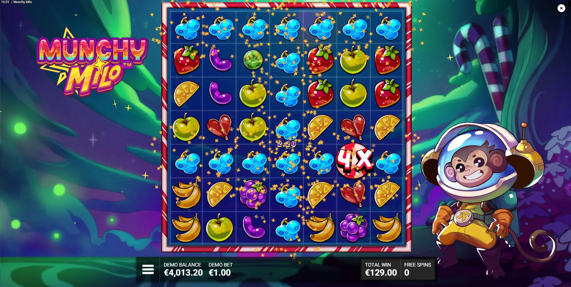 Gravity Groove free spins round in Munchy Milo with sticky wild multipliers on the grid