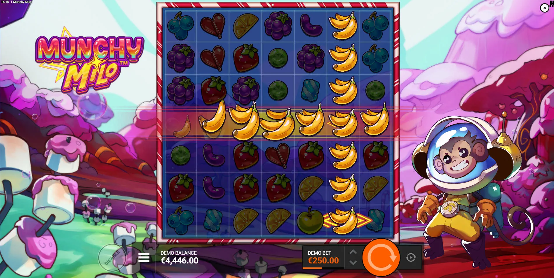 Four-way Jolt Frame spreading banana symbols across the grid in Munchy Milo slot