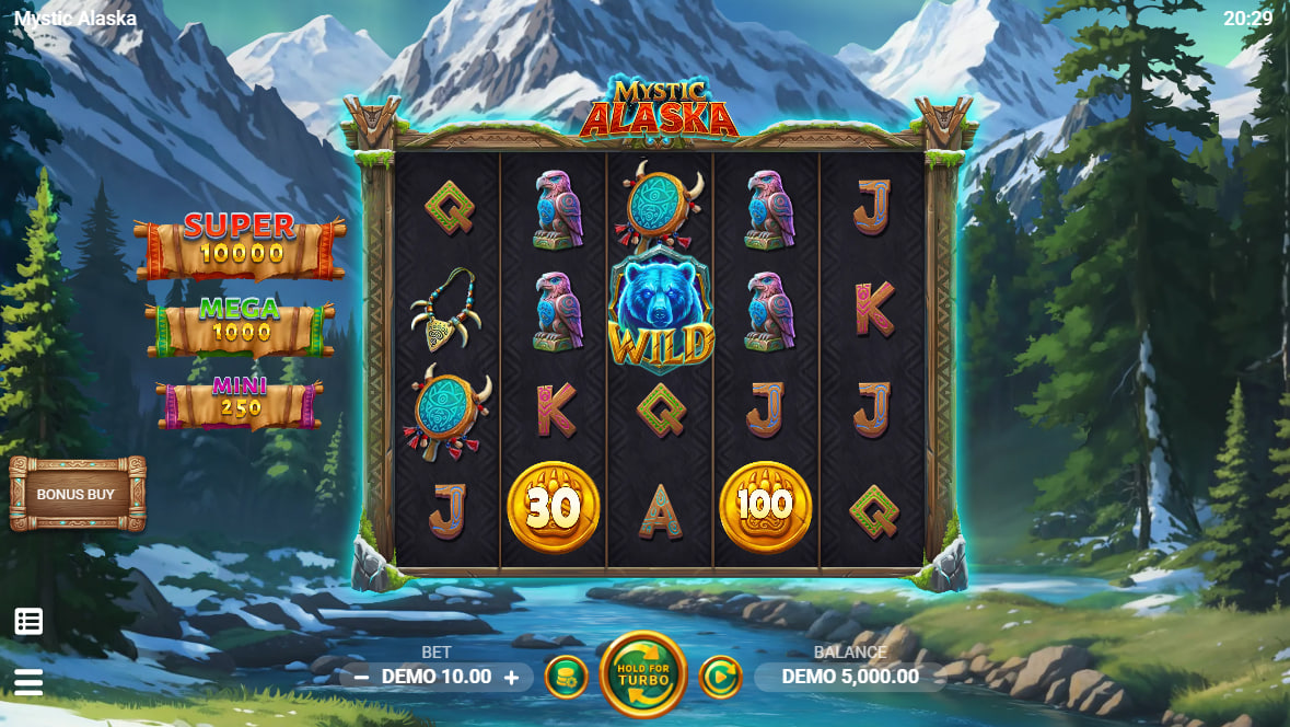 Full view of the Mystic Alaska slot grid in a mountain landscape showing the 5x4 layout and 1024 win ways for players to analyze.