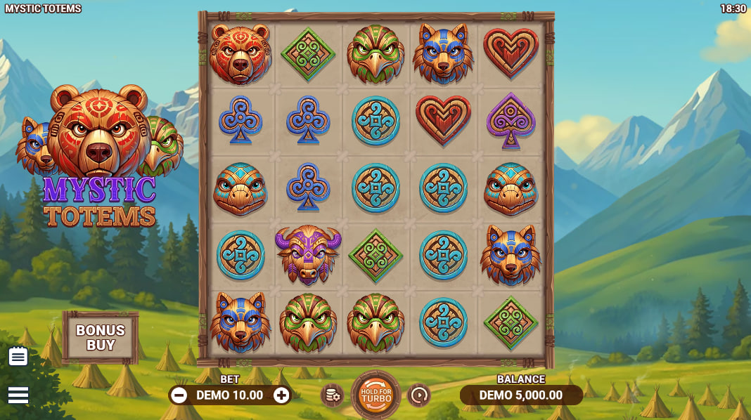 The 5x5 game grid of the Mystic Totems slot, displaying various animal totem symbols against a forest backdrop, illustrating the starting gameplay area.