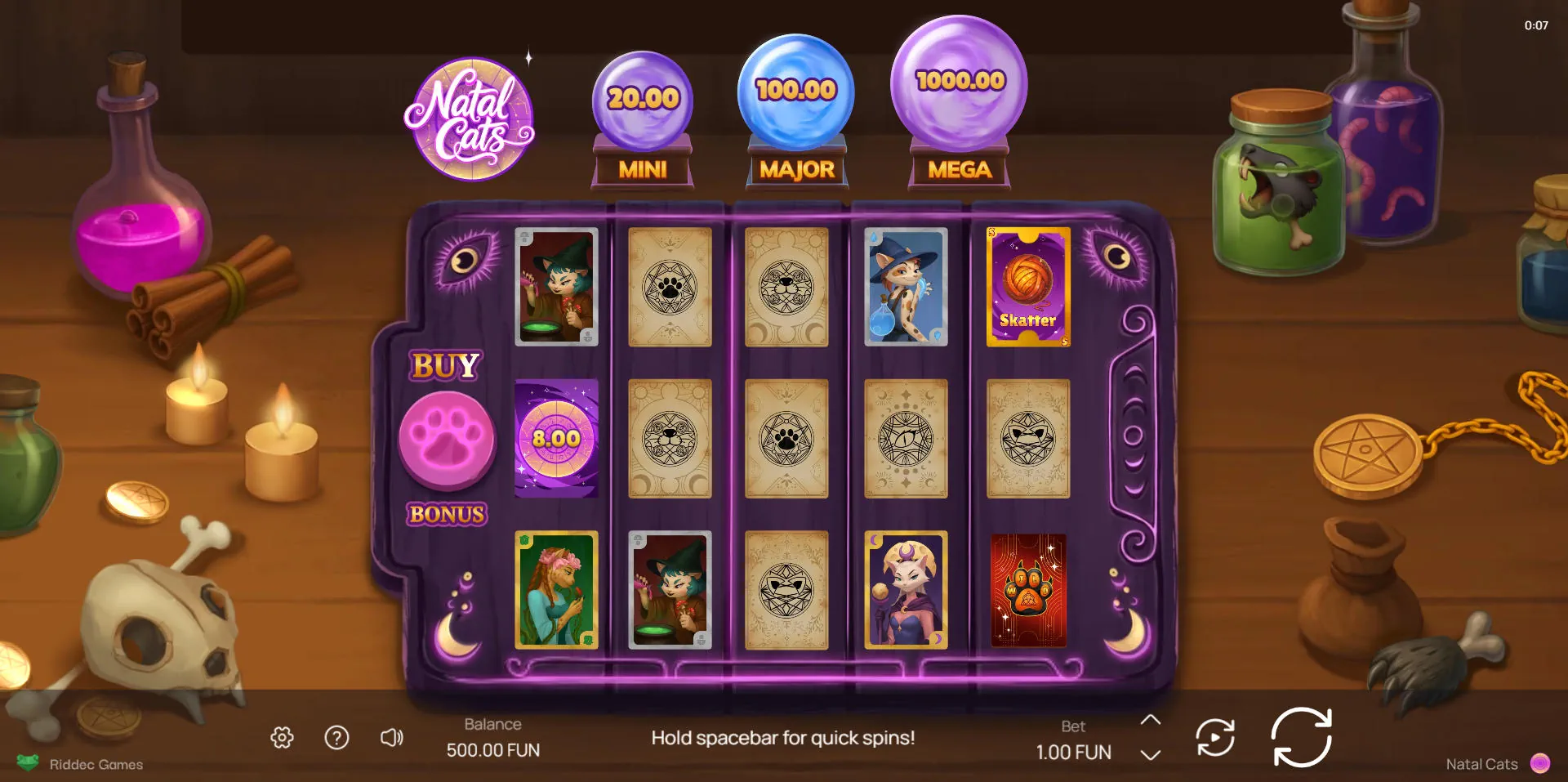 5x3 base game grid in Natal Cats showing the four premium cat symbols and the red paw wild symbol